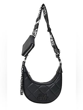 Steve Madden Black Quilted Crescent Shoulder Bag with Logo Strap